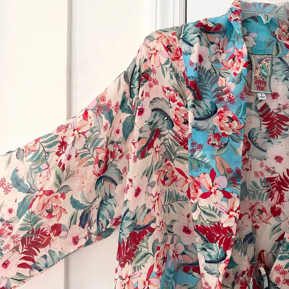 Johnny Was Jade Printed Blue Red Floral Print Cupra Rayon Kimono With Tie Medium